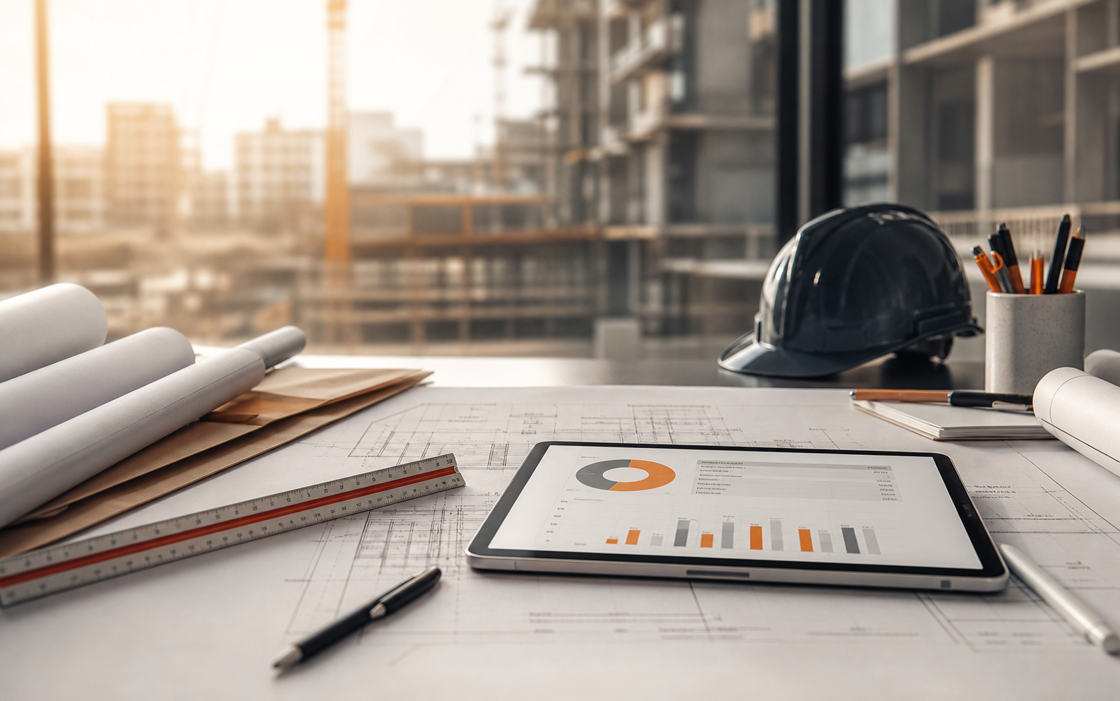 Construction drawings, cost dashboard, and site view